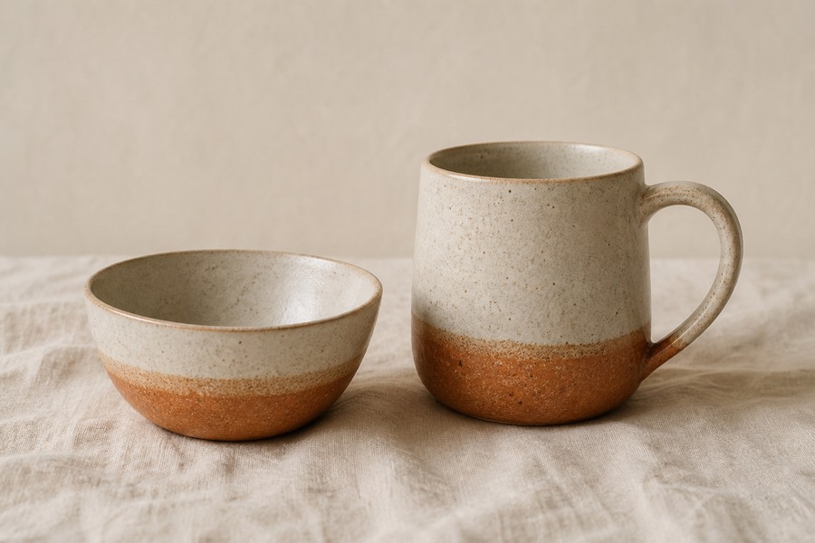 Handmade stoneware ceramics on a linen surface